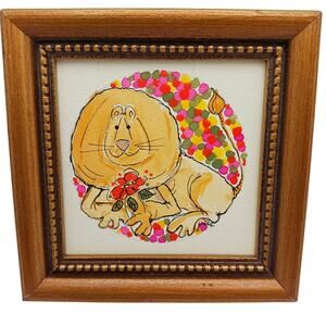 Original vintage signed miniature painting art of lion in flower patch w/ frame